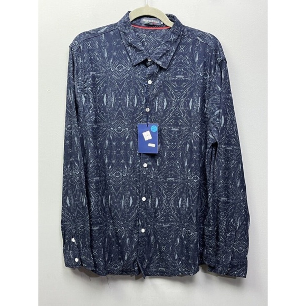 Fredd Marshall Mens XXL‎ Navy Blue Geometric Tribal Print Button Down Shirt NEW